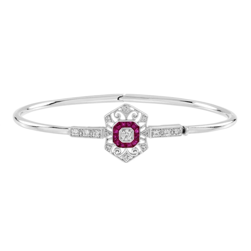 Diamond and Ruby Art Deco Style Openwork Bangle Bracelet