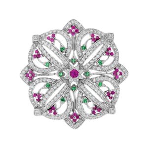 Ruby Emerald and Diamond Art Deco Style Floral Pendant