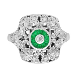 Diamond Emerald Deco Art Style Floral Ring