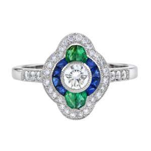 Diamond Sapphire and Emerald Art Deco Style Engagement Ring