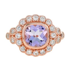 Pink Amethyst and Diamond Antique Style Halo Engagement Ring