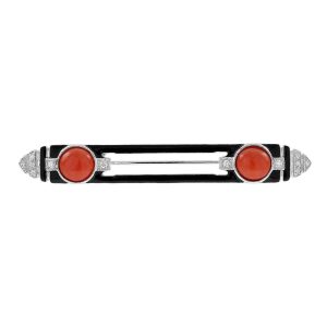 Coral Diamond Black Enamel Art Deco Style Bar Brooch