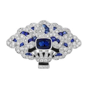 Sapphire Diamond Black Enamel Art Deco Style Fan Brooch
