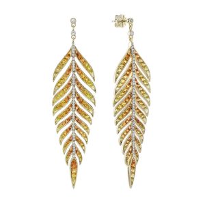 Diamond Orange Sapphire Yellow Sapphire Leaf Dangle Earrings