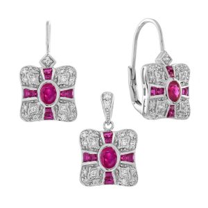 Ruby and Diamond Art Deco Style Pendant and Earrings Jewelry Set