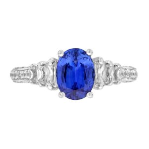 Oval Ceylon Sapphire and Baguette Diamond Art Deco Style Engagement Ring