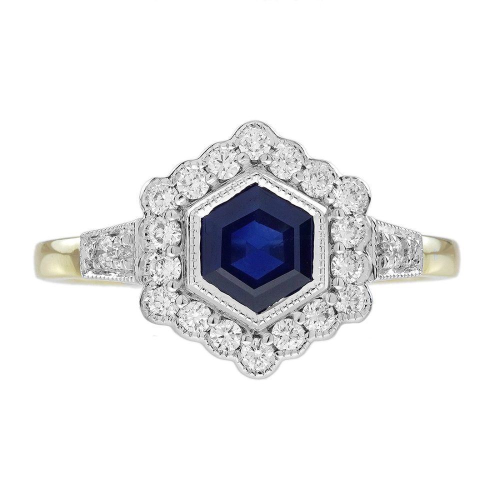 Sapphire and Diamond Art Deco Style Hexagon Shape Engagement Ring