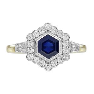 Sapphire and Diamond Art Deco Style Hexagon Shape Engagement Ring