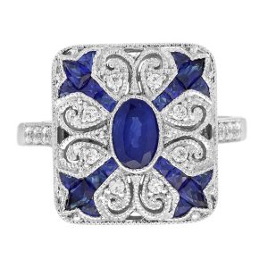 Oval Sapphire Diamond Art Deco Inspired Ring