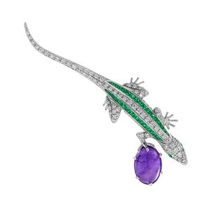 Cabochon Amethyst Emerald Diamond Art Deco Style Lizard Brooch