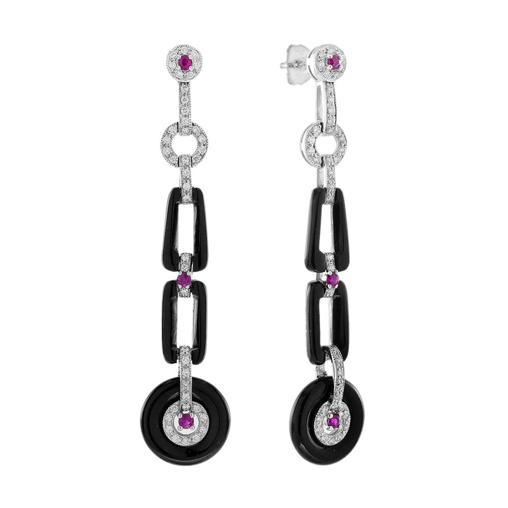 Ruby Onyx Diamond Art Deco Style Dangle Earrings