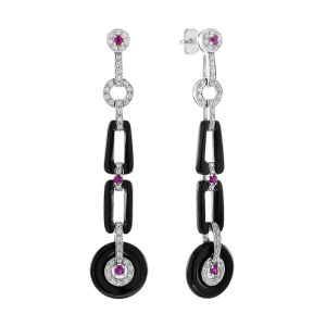 Ruby Onyx Diamond Art Deco Style Dangle Earrings