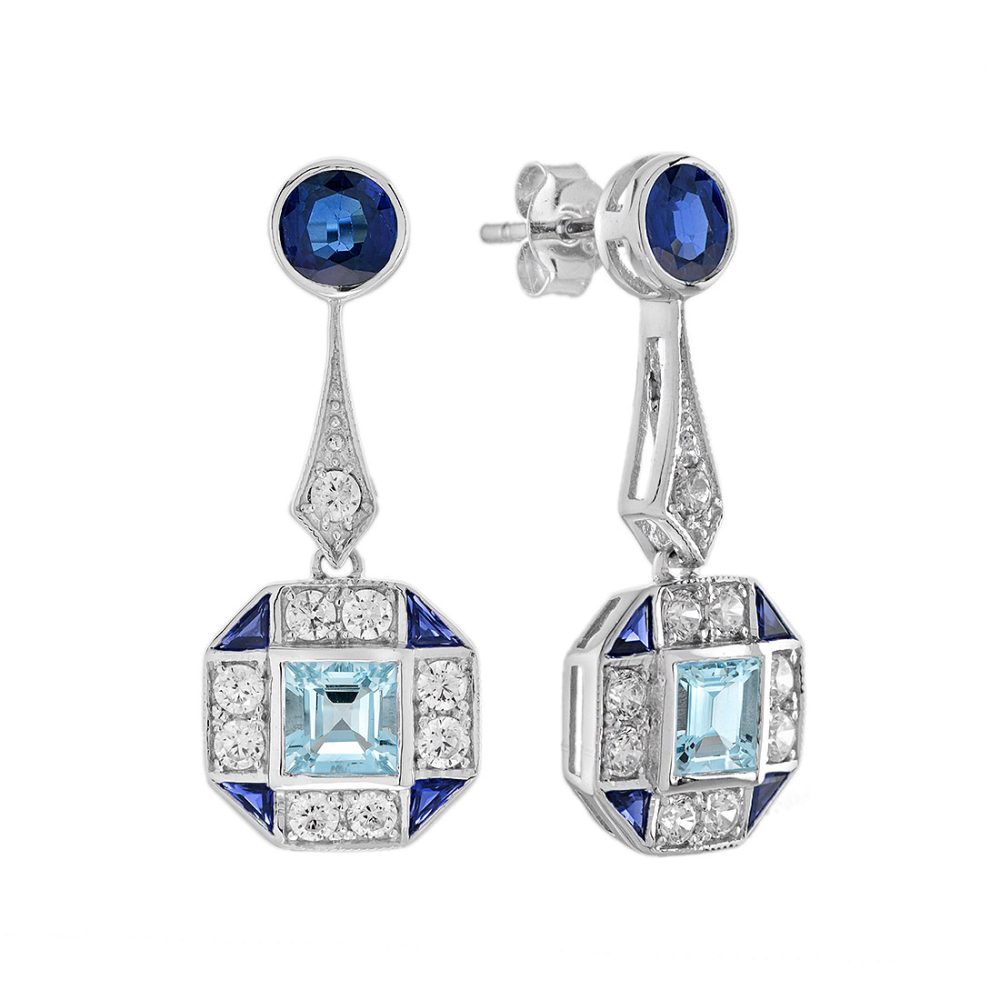 Aquamarine Sapphire Diamond Art Deco Style Drop Earrings