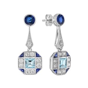 Aquamarine Sapphire Diamond Art Deco Style Drop Earrings