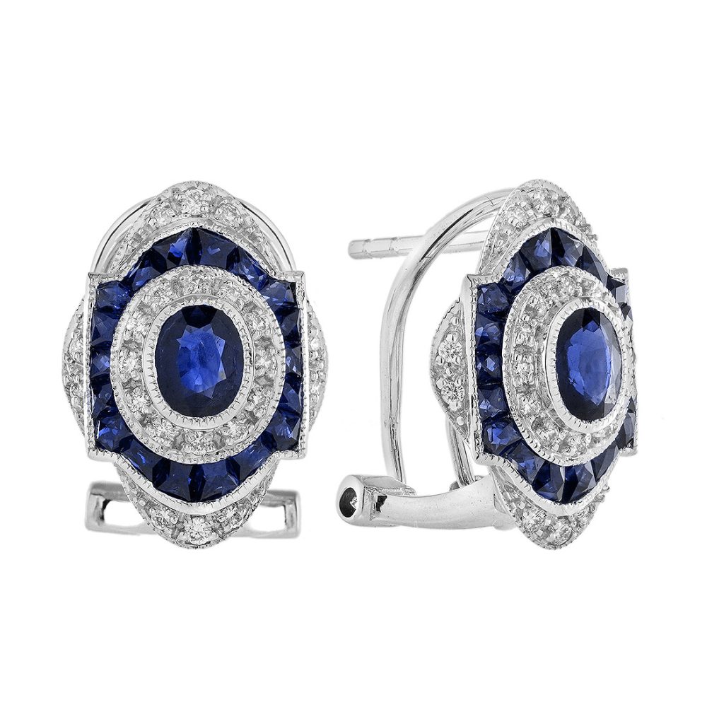 Sapphire Diamond Art Deco Style Omaga Earrings
