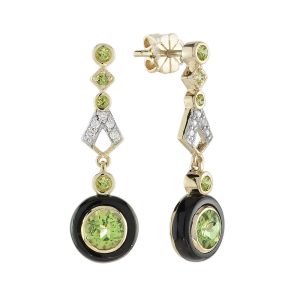 Peridot Onyx Diamond Art Deco Dangle Earrings