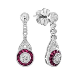 Diamond Ruby Art Deco Style Drop Earrings