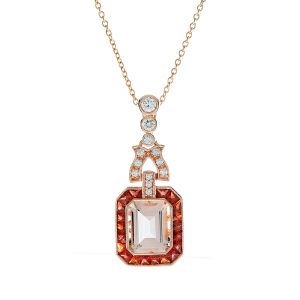 Morganite Orange Sapphire Diamond Art Deco Style Necklace