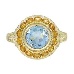 Blue Topaz Citrine Antique Style Halo Ring