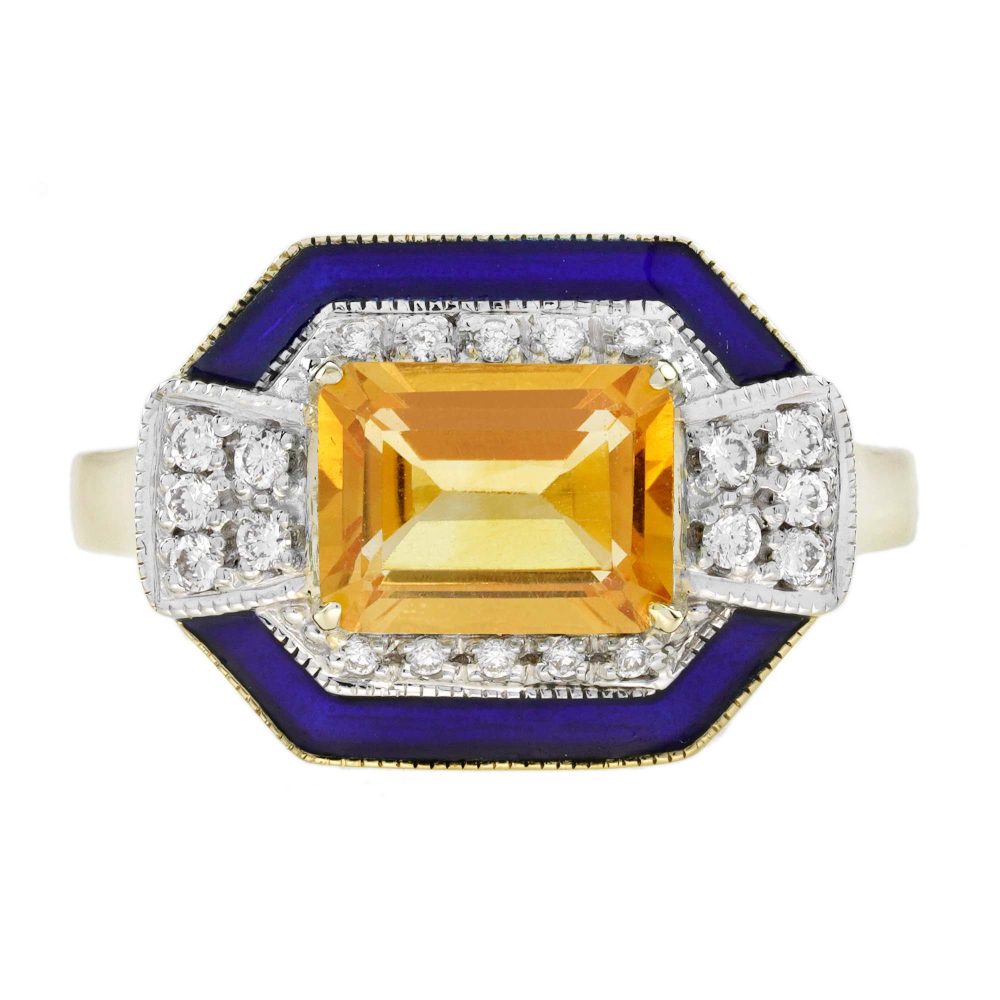 Citrine Diamond Blue Enamel Art Deco Style Ring
