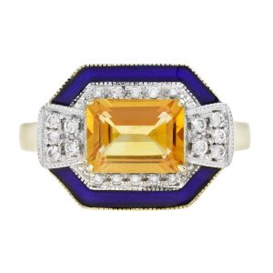 Citrine Diamond Blue Enamel Art Deco Style Ring