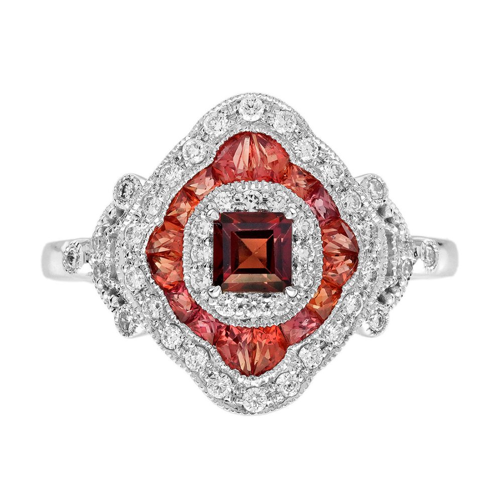 Garnet Orange Sapphire Diamond Art Deco Style Engagement Ring