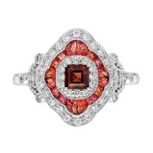 Garnet Orange Sapphire Diamond Art Deco Style Engagement Ring