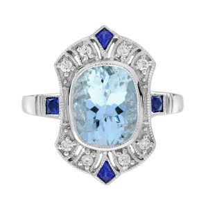 Aquamarine Sapphire Diamond Art Deco Style Cocktail Ring