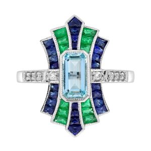 Aquamarine Sapphire Emerald Diamond Art Deco Style Engagement Ring