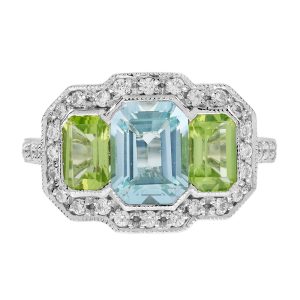 Blue Topaz Peridot Diamond Art Deco Style Three Stone Ring