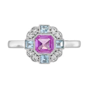 Pink Sapphire Blue Topaz Diamond Art Deco Style Engagement Ring