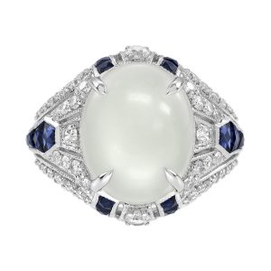 Moon Stone Sapphire and Diamond Art Deco Style Cocktail Dome Ring