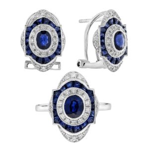 Sapphire Diamond Art Deco Style Ring and Earrings Jewelry Set