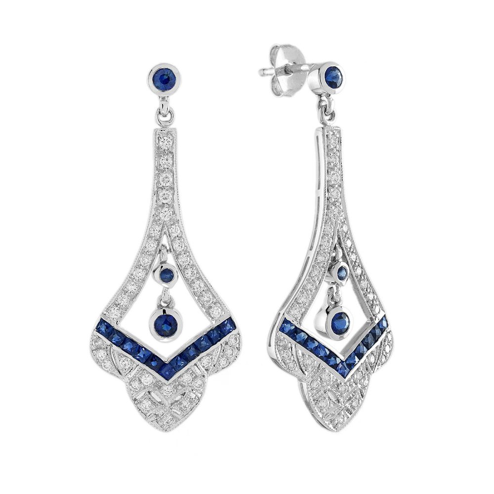 Sapphire Diamond Art Deco Style Drop Earrings