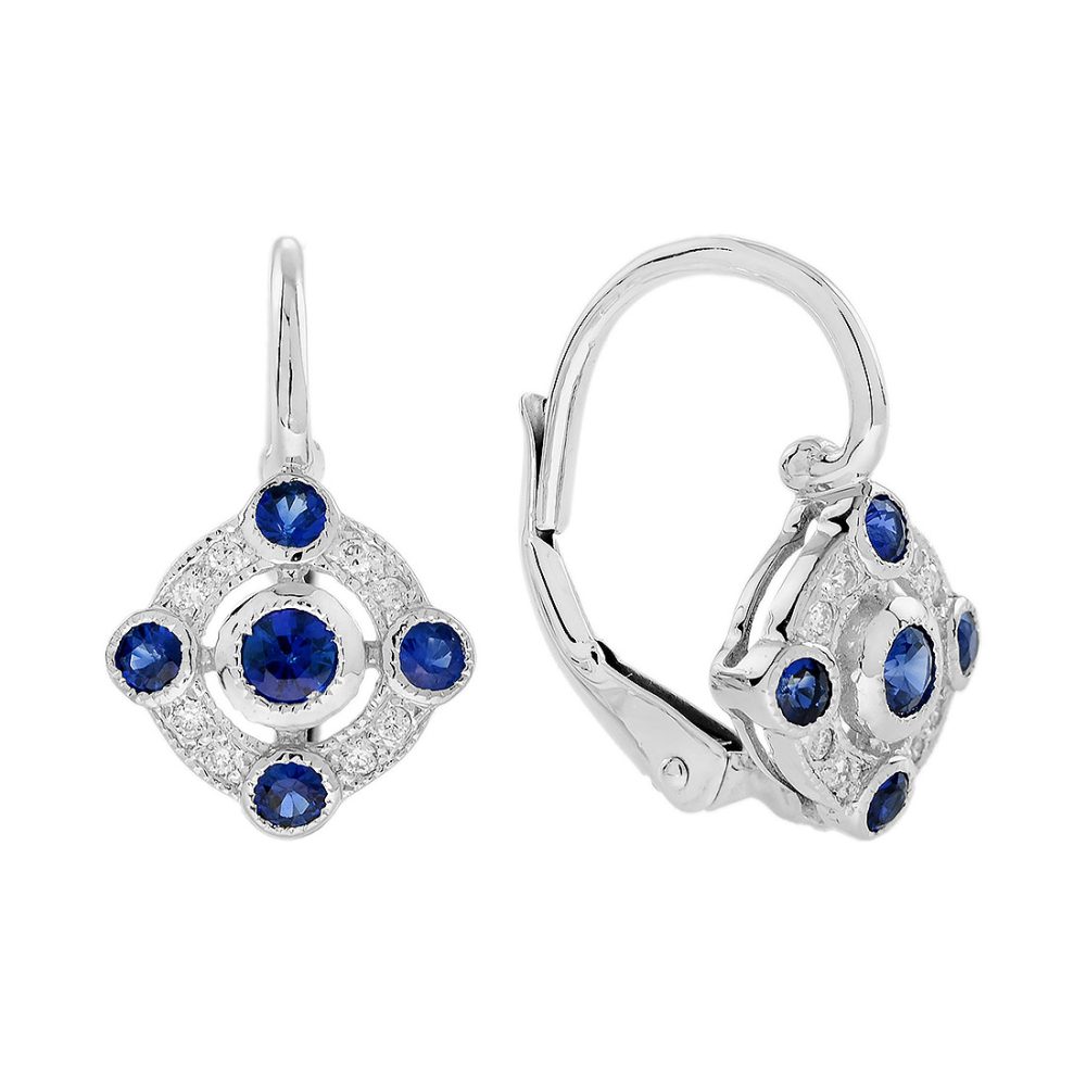 Sapphire Diamond Art Deco Style Omaga Drop Earrings