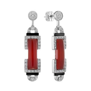 Carnelian Onyx Diamond Art Deco Style Bar Drop Earrings