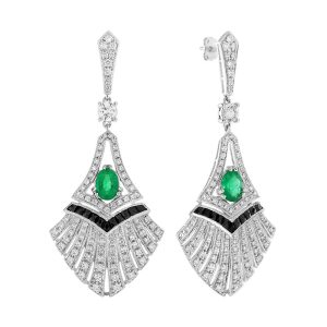 Emerald Onyx Diamond Art Deco Style Fan Shape Drop Earrings