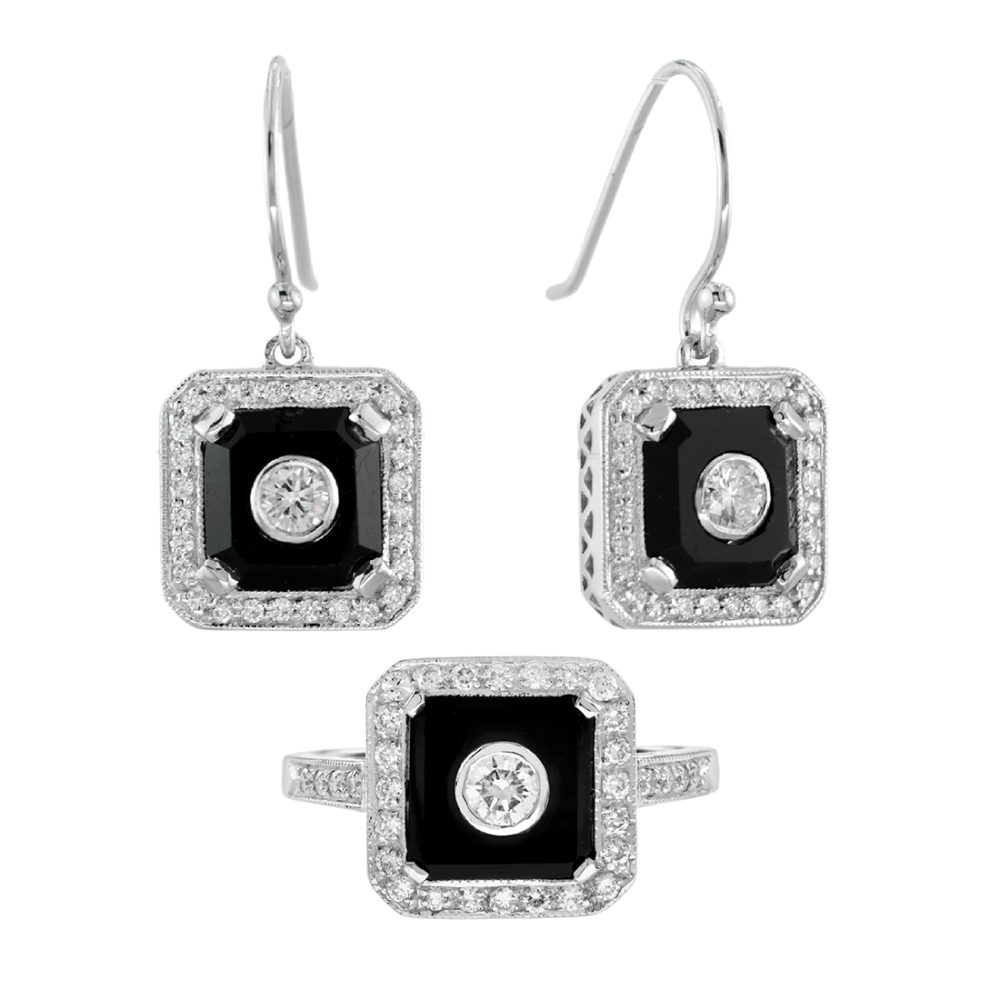 Diamond Onyx Art Deco Style Octagonal Jewelry Set