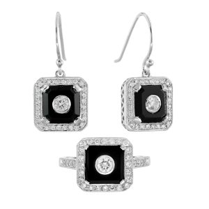 Diamond Onyx Art Deco Style Octagonal Jewelry Set