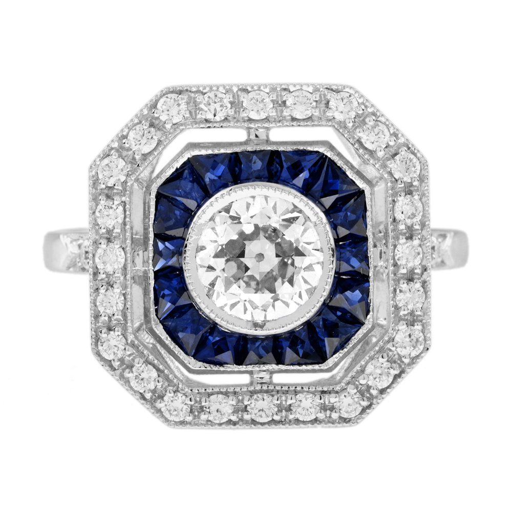 Diamond Sapphire Art Deco Style Engagement Ring