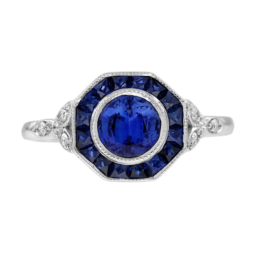 Ceylon Sapphire Diamond Art Deco Style Engagement Ring