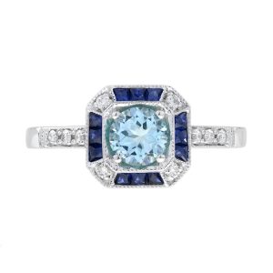 Aquamarine Sapphire Diamond Art Deco Style Engagement Ring