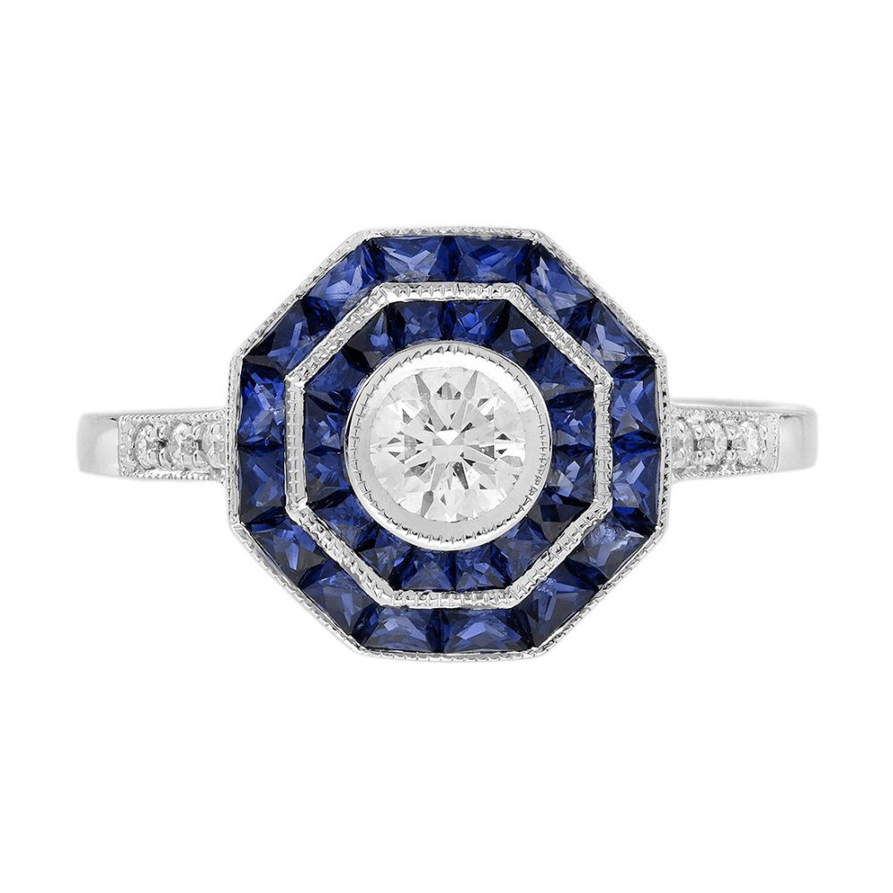 Diamond and Sapphire Art Deco Style Target Engagement Ring