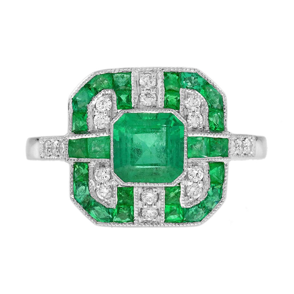 Emerald Diamond Art Deco Style Engagement Ring