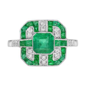 Emerald Diamond Art Deco Style Engagement Ring