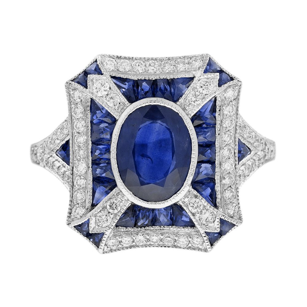 Sapphire Diamond Art Deco Style Engagement Ring