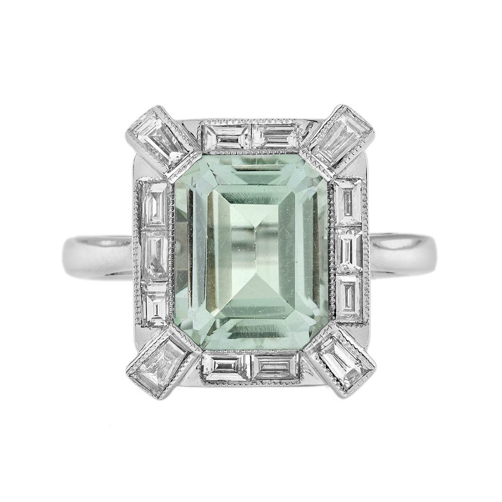 Green Amethyst Diamond Art Deco Style Engagement Ring