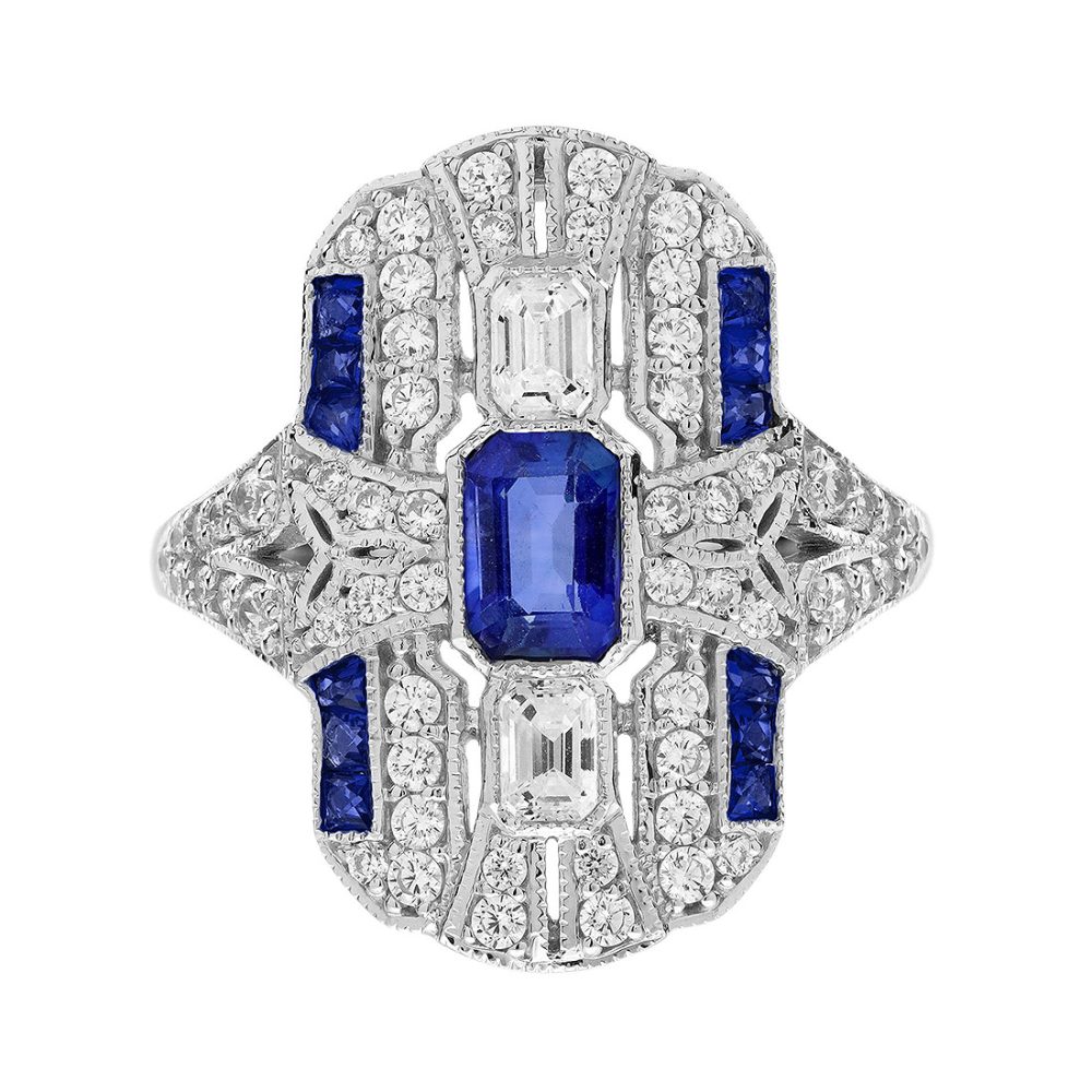 Ceylon Sapphire Diamond Art Deco Style Dinner Ring