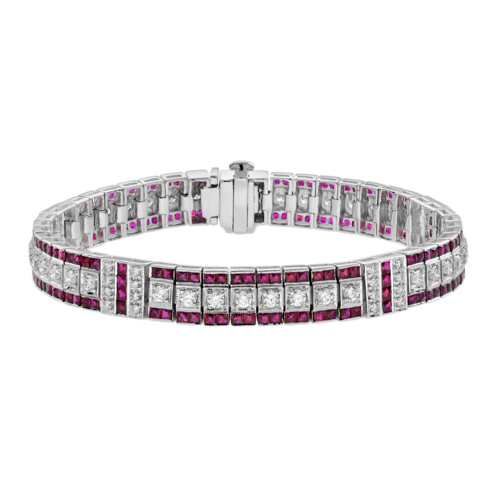Diamond Ruby Art Deco Style Geometric Segmented Panel Bracelet