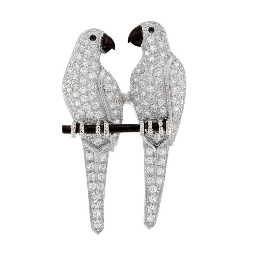 Diamond Art Deco Style Figural Double Parrot Bird Brooch
